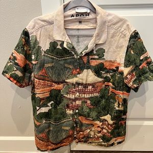 ASOS Design Katsushika Hokusai scenic print Camp Collar Shirt Size Large